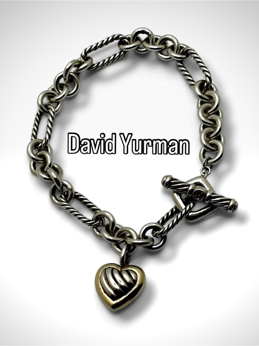 David Yurman Sterling Silver & 18K Yellow Gold Heart Charm Cable Toggle Bracelet